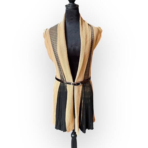 Women's Beige & Black Striped Knit Open Front Cardigan Sweater Size Medium - Picture 5 of 16